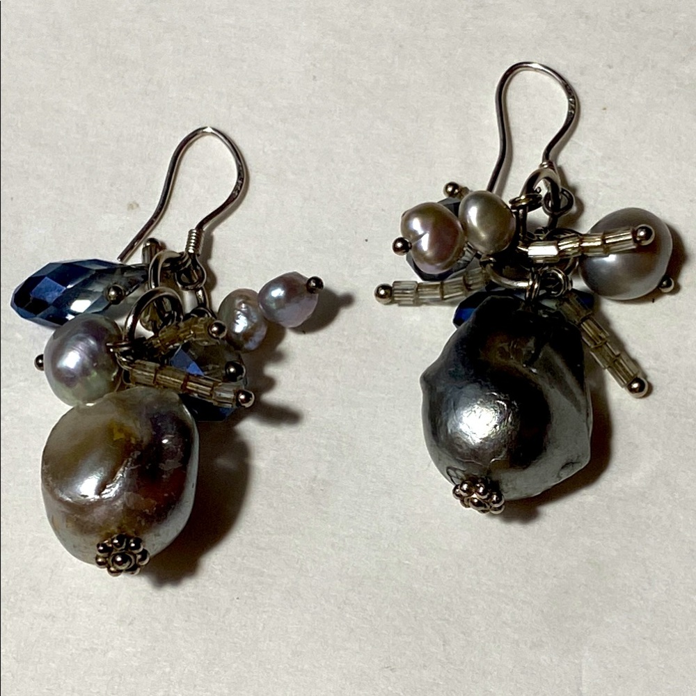 JPW Grey  Pearls/Crystals Dangle Earrings Marked 925